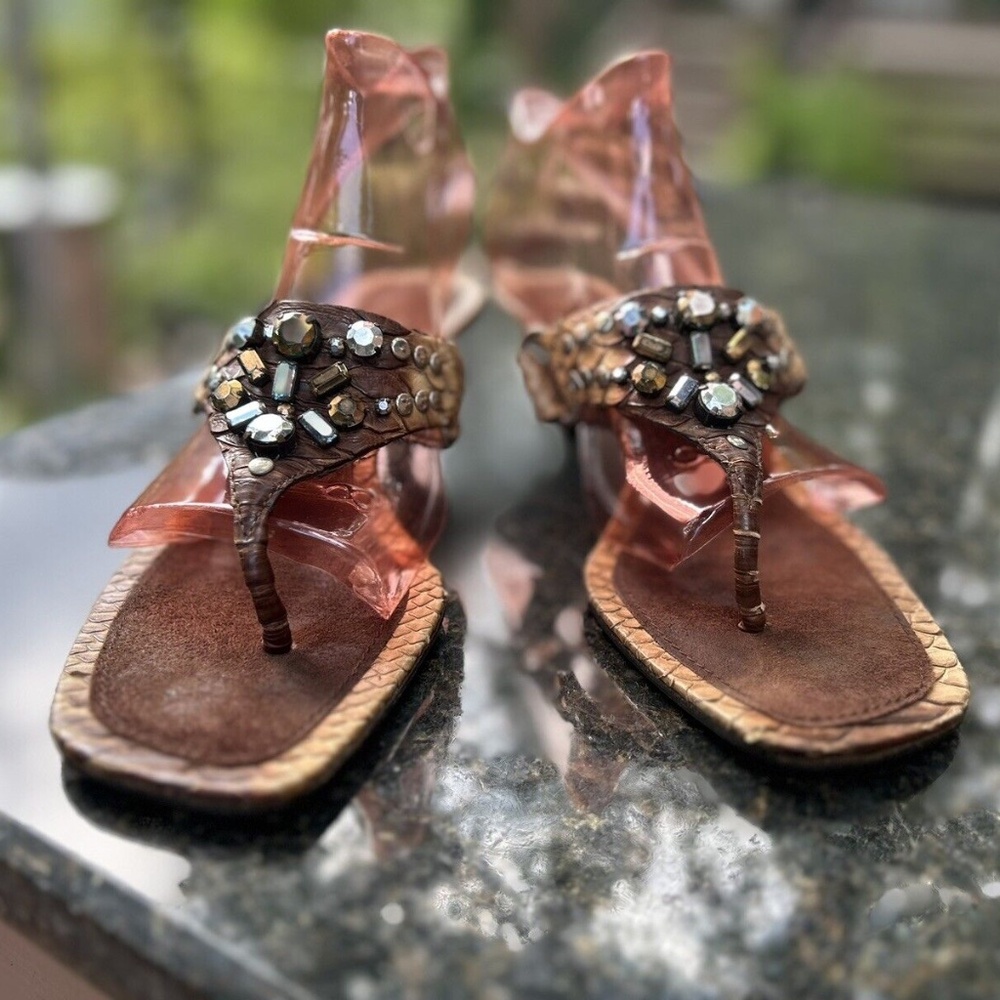 Prada Genuine Python Leather Jeweled Kitten Heel Thong Sandals Beige/Brown sz6.5